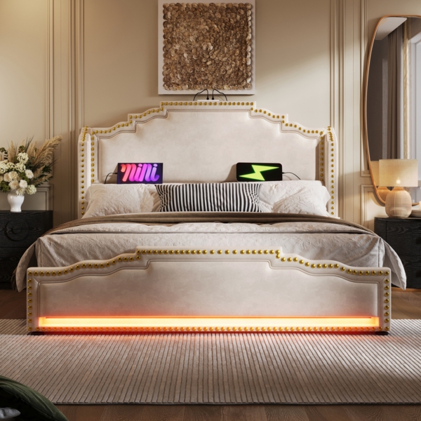 Polsterbett 160x200 cm aus Samt mit Stauraum, LED-Beleuchtung und USB- & Type-C-Anschlüssen Bild 2