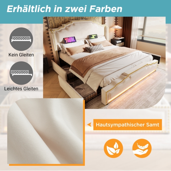 Polsterbett 160x200 cm aus Samt mit Stauraum, LED-Beleuchtung und USB- & Type-C-Anschlüssen Bild 6