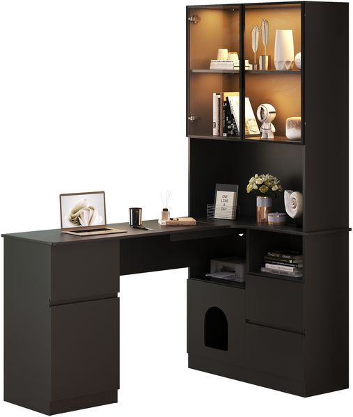 Flieks Eckschreibtisch mit LED-Vitrine & Regal 120×80×180 cm, Computertisch mit 3 Schubladen, 2 Türen, Haustierfach, Rechte Ecke, Schwarz