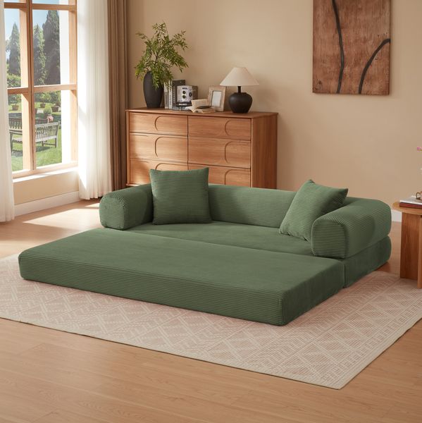 Schlafsofa 59cm×195cm×89cm in Grün – wandelbares Bodensofa mit Kaltschaum und Veloursbezug, klappbar