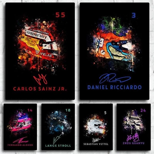 Poster Formel 1 Helm Aquarell Rennfahrer Name Unterschrift Rennnummer · Deko Print ohne Rahmen - B Stroll / 50x70 cm