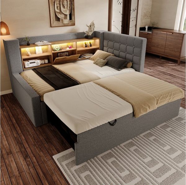 OKWISH Polsterbett Ausziehbett 90/180x200 cm aus Leinen mit LED und Stauraum (Packung, 1-tlg, mit Drei USB-A-Anschlüsse und ein USB-C-Anschluss), Flexible L-förmige Konstruktion(Ohne Matratze)