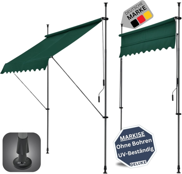 DELUKE® Klemmmarkise 400cm breit - mit Handkurbel Balkonmarkise ohne Bohren Sonnenschutz UV-beständig Sonnenmarkise höhenverstellbar Markise mit Gestell 400x120x200-300cm Grün