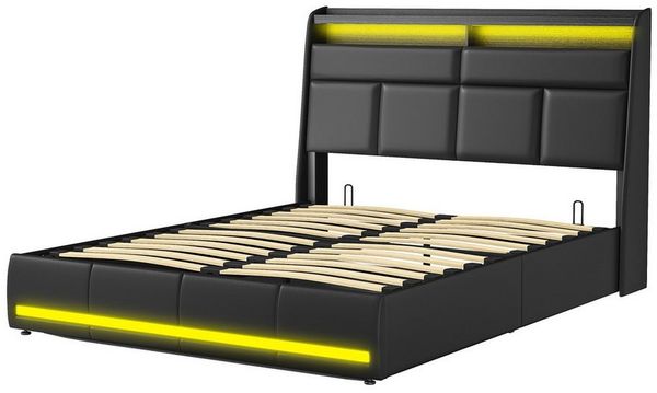 PXloue Stauraumbett Polsterbett Doppelbett, mit LED-Beleuchtung und verstecktem Stauraum,160x200 cm