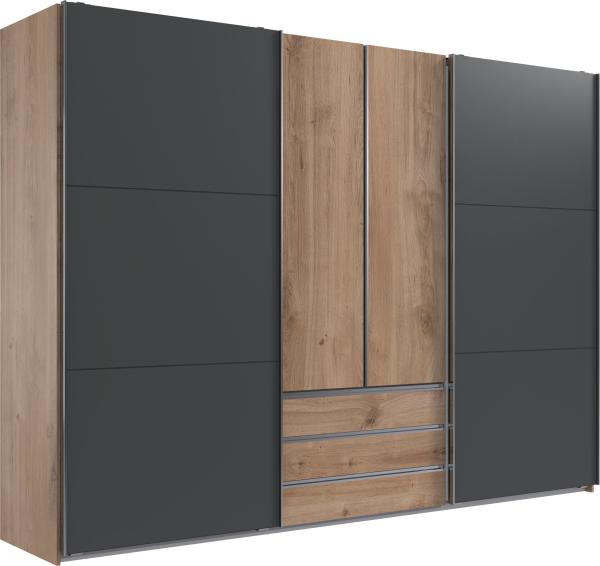 Schwebetürenschrank >MAGIC< in PLANKENEICHE NB + GRAPHIT - 300x216x65cm (BxHxT)