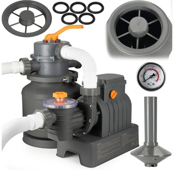 COIL Pool-Filterpumpe Sandpumpe, Sandfilter für schwimmbäder, Filterpumpe, (Pumpenleistung: 8705 l/h, Leistung: 250W, Stromversorgung: 220 – 240 V), Sandbehälter: 12 kg, 6-Wege-Ventil mit Manometer, Eingebaute Uhr