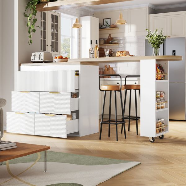 Merax Bartisch Stehtisch mit 6 Schubladen, Küchenbuffet Sideboard mit Kippsicherung, Multifunktionaler Tisch 360° drehbar als Esstisch, Hausbar oder Homeoffice-Schreibtisch, Weiß