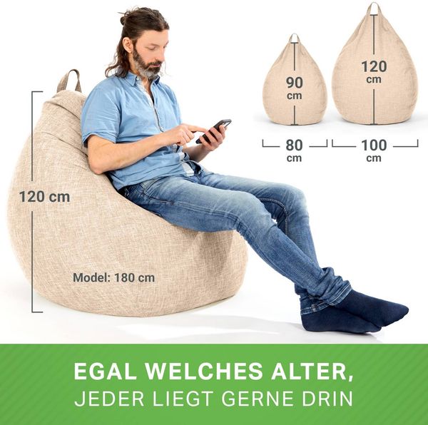 Green Bean 'Home Linen' Indoor XXL Sitzsack mit EPS-Perlen Füllung, waschbar, Leinen beige, 100 x 50 x 120 cm, 300 l Bild 5