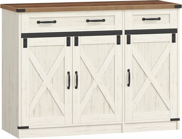Küchenschrank, Buffetschrank mit 2 Schublade, Sideboard mit 3 Türen, Verstellbare Einlegeböden, Landhausstil, Küche, Wohnzimmer, 40 x 108 x 80 cm, Vintageweiß-honigbraun Bild 2