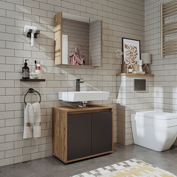 Roomart MELONA-S2-65 Badmöbel Set– 2-teiliges Badezimmermöbel Set - Unterschrank(ohne Waschbecken) mit Spiegelschrank - H 55 x B 35 x T 65 cm • Anthrazit-Eiche