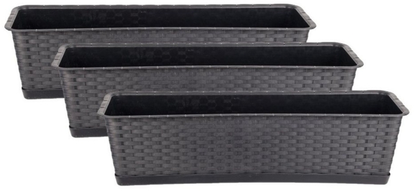 BigDean 3er Set Blumenkasten mit Untersetzer 60 cm lang Rattan-Optik anthrazit - aus PP-Kunststoff - Balkon Pflanzkasten schmal Balkonkasten Bild 1