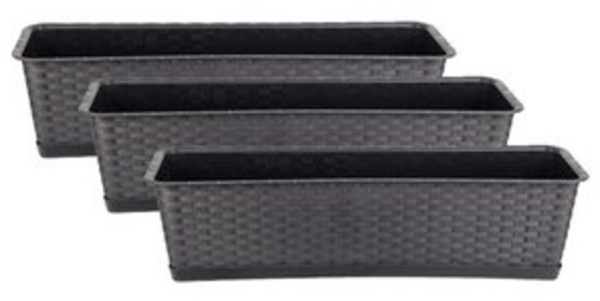 BigDean 3er Set Blumenkasten mit Untersetzer 60 cm lang Rattan-Optik anthrazit - aus PP-Kunststoff - Balkon Pflanzkasten schmal Balkonkasten Bild 6