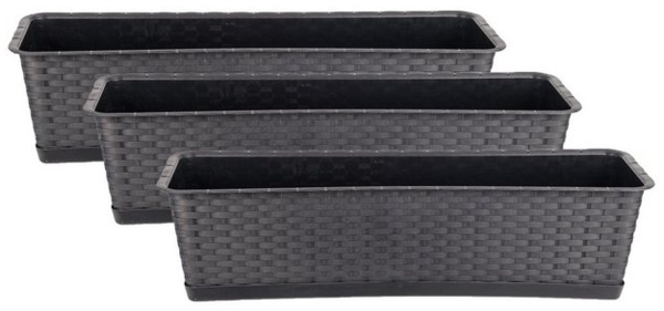 BigDean 3er Set Blumenkasten mit Untersetzer 60 cm lang Rattan-Optik anthrazit - aus PP-Kunststoff - Balkon Pflanzkasten schmal Balkonkasten Bild 4