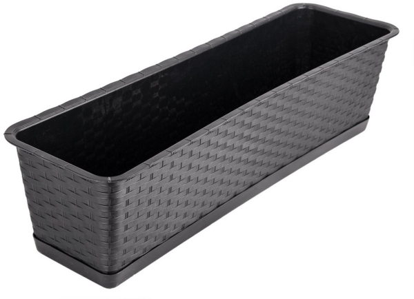 BigDean 3er Set Blumenkasten mit Untersetzer 60 cm lang Rattan-Optik anthrazit - aus PP-Kunststoff - Balkon Pflanzkasten schmal Balkonkasten Bild 2