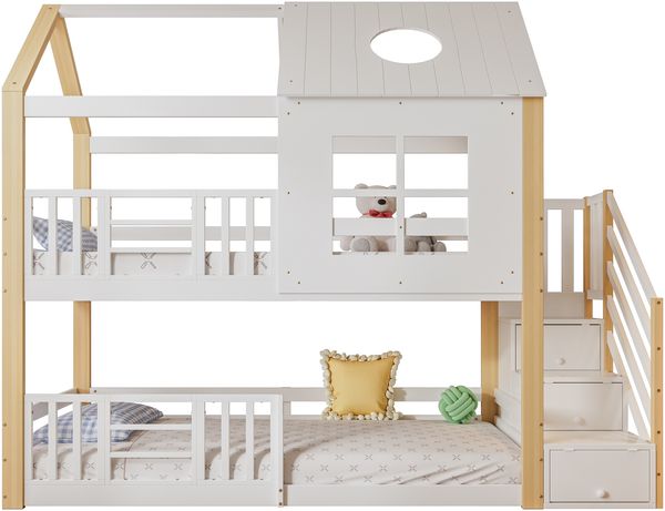 Merax Etagenbett mit Stauraumtreppe mit Stauraumtreppe, Massivholz weiß, 90x200cm Bild 10