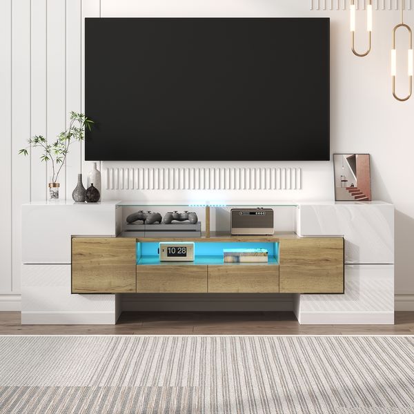 Eleganter TV-Ständer 145 cm in Hochglanz Weiß mit LED-Beleuchtung und großzügigem Stauraum, 145x30x51cm