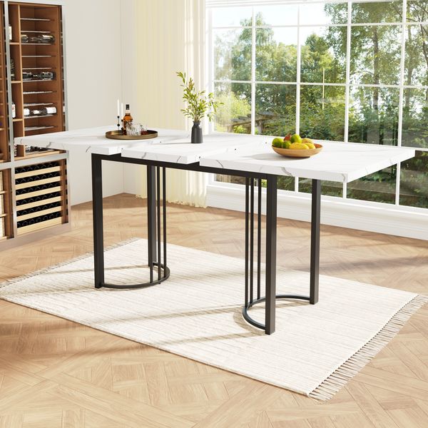 MODFU Esstisch Esstisch Teleskoptisch,Moderne Esstisch,mit Marmoroptik,Esstisch-Set (Platzsparender Esstisch mit Teleskopfunktion, Erweiterbar von 140 cm auf 179,5 cm, Robustes Metallgestell, Modernes Design für Esszimmer und Wohnzimmer, Weiß/Schwarz, ...