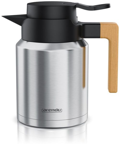 Arendo Isolierkanne Thermoskanne 1,2L Edelstahl mit Holzgriff, doppelwandig, auslaufsicher, 1,2 l, (1-St), 1200 ml, abnehmbarer Deckel, Quick-Tip-Verschluss, BPA-frei