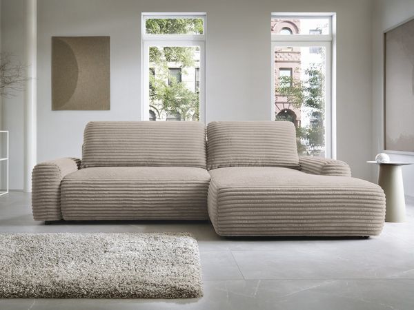 Goldstoff Ecksofa mit Schlaffunktion und Bettkasten, Cord Sofa - Modernes Schlafsofa, L-Form Schlafsofa mit Schlaffunktion und Bettkasten, moderner Cordstoff 2 Teile, pflegeleichtes Cordsofa mit Schlaffunktion in beige
