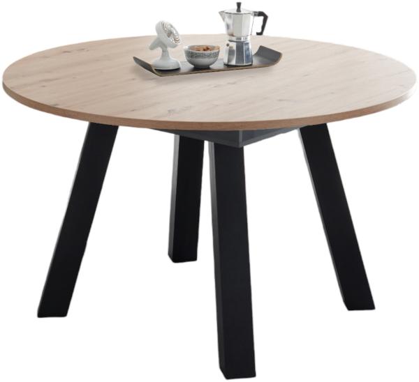 Mäusbacher 'Edda' Esstisch, Rund, ausziehbar, Küchentisch, Schwarzstahl/Asteiche, 78 x 110 x 110 cm