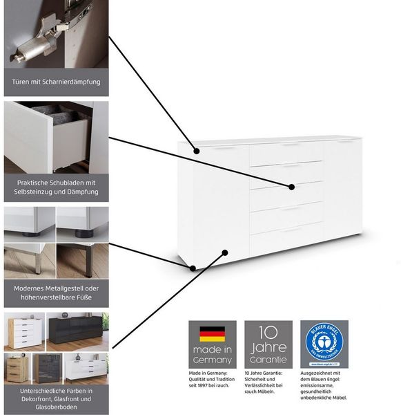 rauch Schubkastenkommode Kommode Türkommode Sideboard Kombikommode FLIPP mit Glasfront (Breite 160/180 cm mit 4 Einlegeböden), 2-trg mit 5 Schubladen und Soft-Close, 2 Breiten MADE IN GERMANY Bild 3