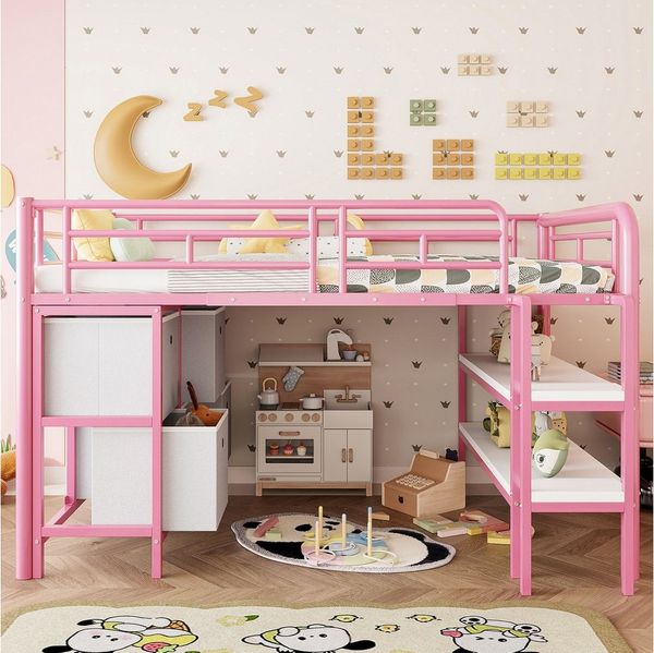 Flieks Hochbett Kinderbett Metallbett 90x200 cm mit breiter Treppe, Schubladen, Regalen