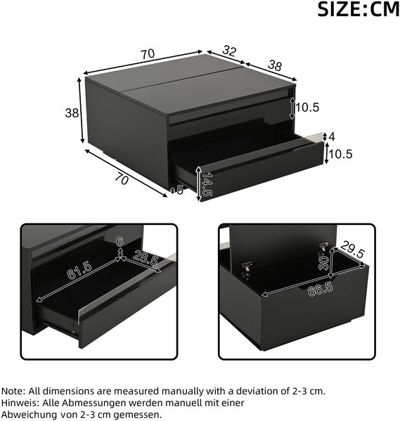 Couchtisch 70x70x38 cm mit Hubplatte, Hochglanz, LED-Lichtstreifen und Stauraum Bild 5