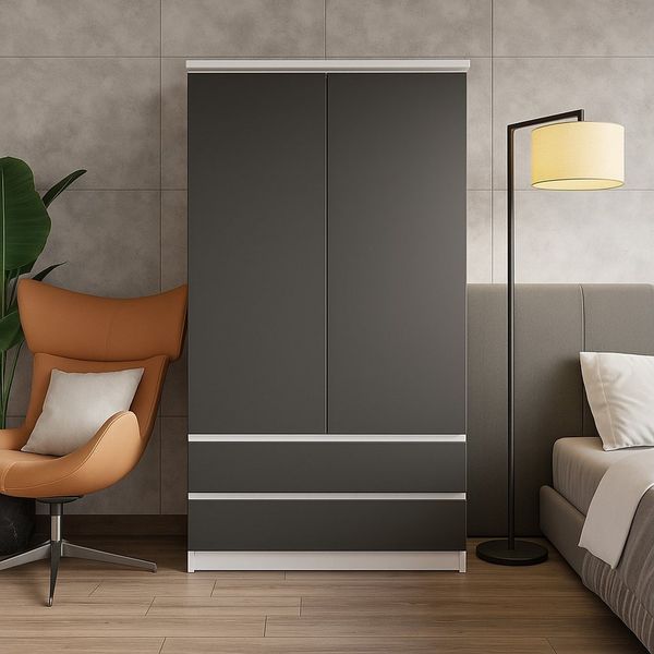 Furnica Kleiderschrank Joelle Weiß Matt, 2 Türen und 2 Schubladen H180cm B90cm T50cm