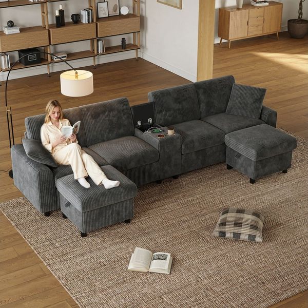 Merax Ecksofa 4-Sitzer U-Form Sofa mit 2 Hockern, 1 Teile, mit Bettkasten, Couch, Cord Stoff