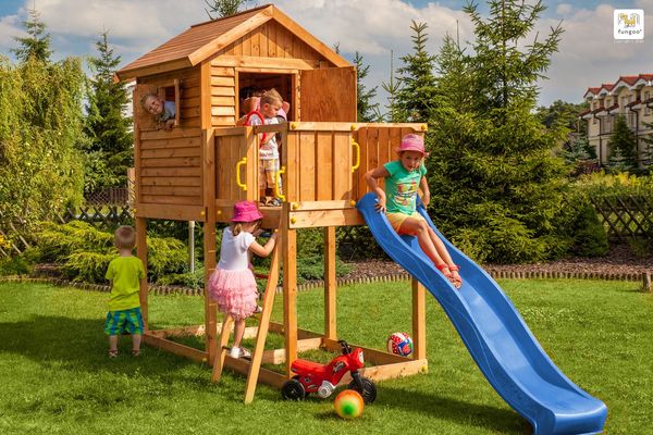 Fungoo Spielhaus "My House", teak,inkl. Rutsche, Haus mit Holzdach und Steuerrad