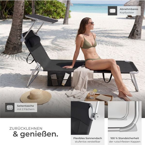 tectake® Sonnenliege klappbar, tragbar, Liege mit Seitentasche, Strandliege, Gartenliege mit Dach, Liegestuhl mit Verstellbarer Rückenlehne, inkl. Kopfkissen - für Balkon, Terrasse, Camping - schwarz Bild 4