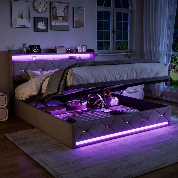 Gdood Stauraumbett Polsterbett Dopplebett LED, Hydraulische Bett box (1-tlg, Kopfteil & Hydraulisch hebbarer Stauraum), LED-Beleuchtung, Kabelloses Laden, Lattenrost, Leinen, 140x200 cm