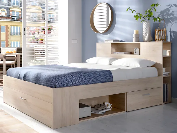 Vente-unique - LEANDRE Bett Holz, Platte Beige - B 169,5 cm x H 95 cm x L 228,5 cm