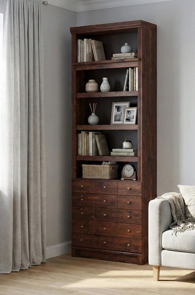 Home affaire Bücherregal Soeren Regal mit 5 breiten Schubkästen in geteilter Optik, T/H: 80/29/220 cm, Kiefer FSC®-zertifiziert, elegante Metallgriffe