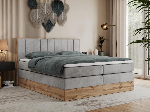 Boxspringbett BELLISSIMO KING, Doppelbett mit Multipocket-Matratze, Polsterbett mit Kopfstütze - 200 x 200 cm - Hellgrau Velvet - H4