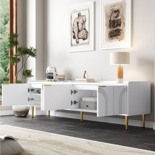 Merax Lowboard mit 3D-Türdesign (Fernsehschrank, 1 St, Stilvoller Stauraum für Wohnzimmer, Entertainmentbereich & mehr), TV-Schrank mit goldenen Griffen & Metallfüßen, 170x35x47.5 cm