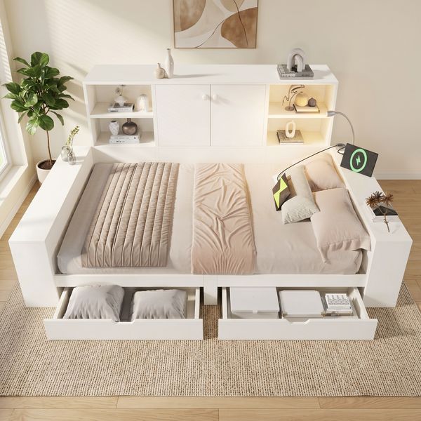 Merax Doppelbett 140x200 cm Jugendbett – Tagesbett mit Schubladen und Stauraum, Holz-Bett mit Doppeltüren & USB/USB-C Anschlüssen , Weiß