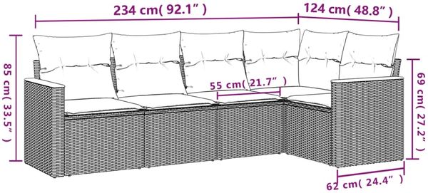 vidaXL 5-teiliges Gartensofa-Set mit Kissen, schwarzes Polyrattan 3225945 Bild 7