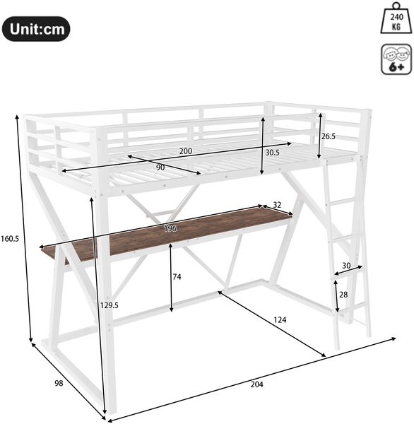 Hochbett, Eisenrahmen LED-Leiste Geländer Treppe Schreibtisch ohne Matratze，Weiß, 90 x 200 cm Bild 8