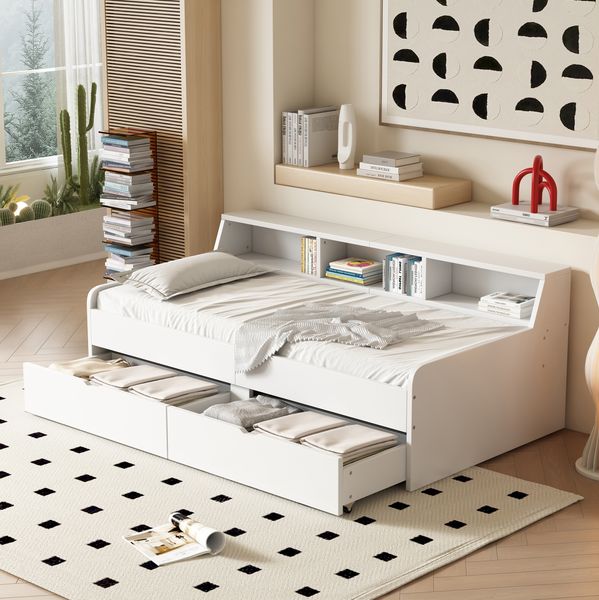 Bett 90x200 cm mit Stauraum und 2 Schubladen – weißes Tagesbett im minimalistischen Design