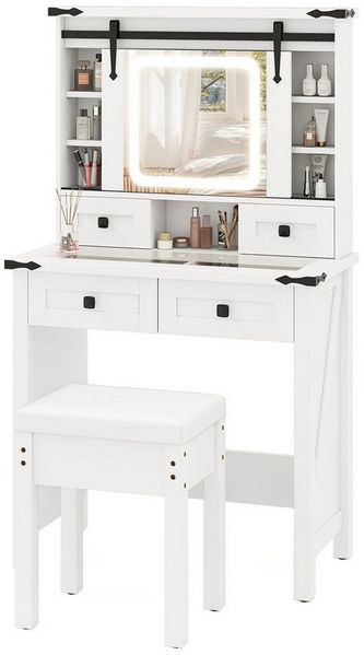 COSTWAY Schminktisch (1-St), mit LED-Beleuchtung, 4 Schubladen, Hocker