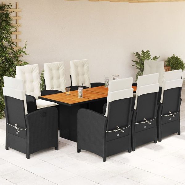 vidaXL 9-tlg. Garten-Essgruppe mit Kissen Schwarz Poly Rattan 3212273