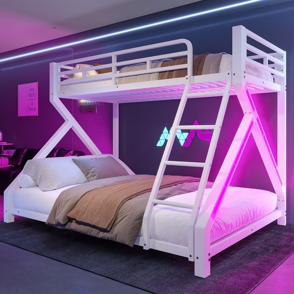 Merax Etagenbett 90 x 200 cm & 140 x 200 cm, Kinderbett, Jugendbett, Eisenrahmen, mit LED-Lichtleiste, Sicherheitsgeländer, Leiter, ohne Matratze, Weiß