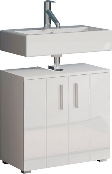 welltime Waschbeckenunterschrank Prag (1-St) Waschtisch in Weiß Hochglanz - 60/34/58 cm - Siphonausschnitt 7/24 cm