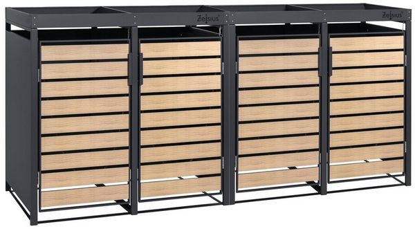 Zelsius Mülltonnenbox 4 er mit Pflanzdach für 4 Tonnen, 120 - 240 Liter, Tür in Holzoptik