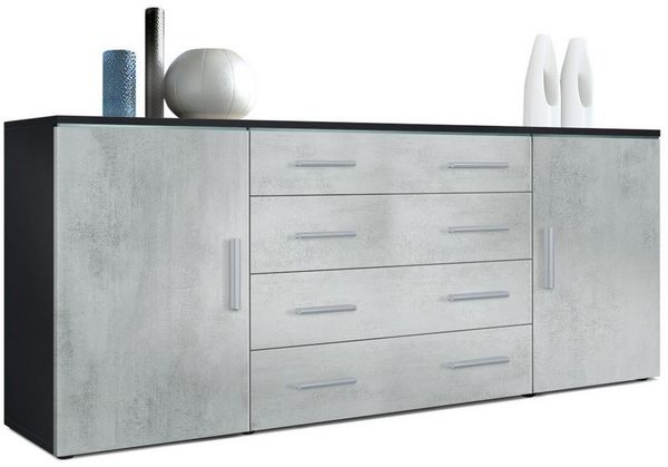 Vladon Sideboard Faro V2, Kommode mit 2 Türen und 4 Schubladen, Schwarz matt/Beton Oxid Optik (166 x 72 x 35 cm) Bild 5
