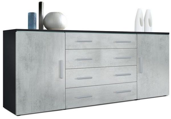 Vladon Sideboard Faro V2, Kommode mit 2 Türen und 4 Schubladen, Schwarz matt/Beton Oxid Optik (166 x 72 x 35 cm) Bild 4