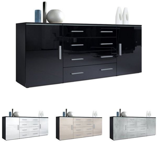 Vladon Sideboard Faro V2, Kommode mit 2 Türen und 4 Schubladen, Schwarz matt/Beton Oxid Optik (166 x 72 x 35 cm) Bild 2