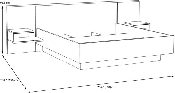 FORTE Bellevue Bett + Nakos mit LED Beleuchtung, Holzwerkstoff, Braun/Schwarz, 284,6 x 96,5 x 208,7 cm