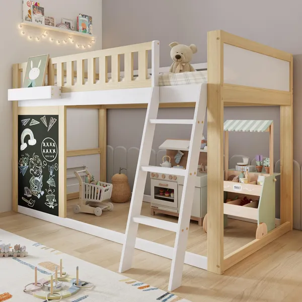 Hochbett mit Tagel und Regal (90x200 cm) Kinderbett mit Rausfallschutz und Leiter, Jugendbett, Kiefer